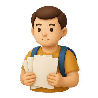 create a student holding 3 sheets of paper and looking straight ahead